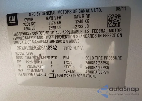 2012 GMC Terrain Sle-1 z USA, uszkodzony, nr VIN 2GKALMEK6C6118342